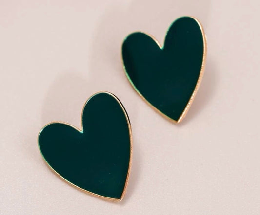 Dark Green Enamel Heart Earrings