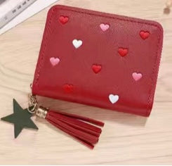 Dark Red w/ Embroidered Hearts Star/Tassel Wallet